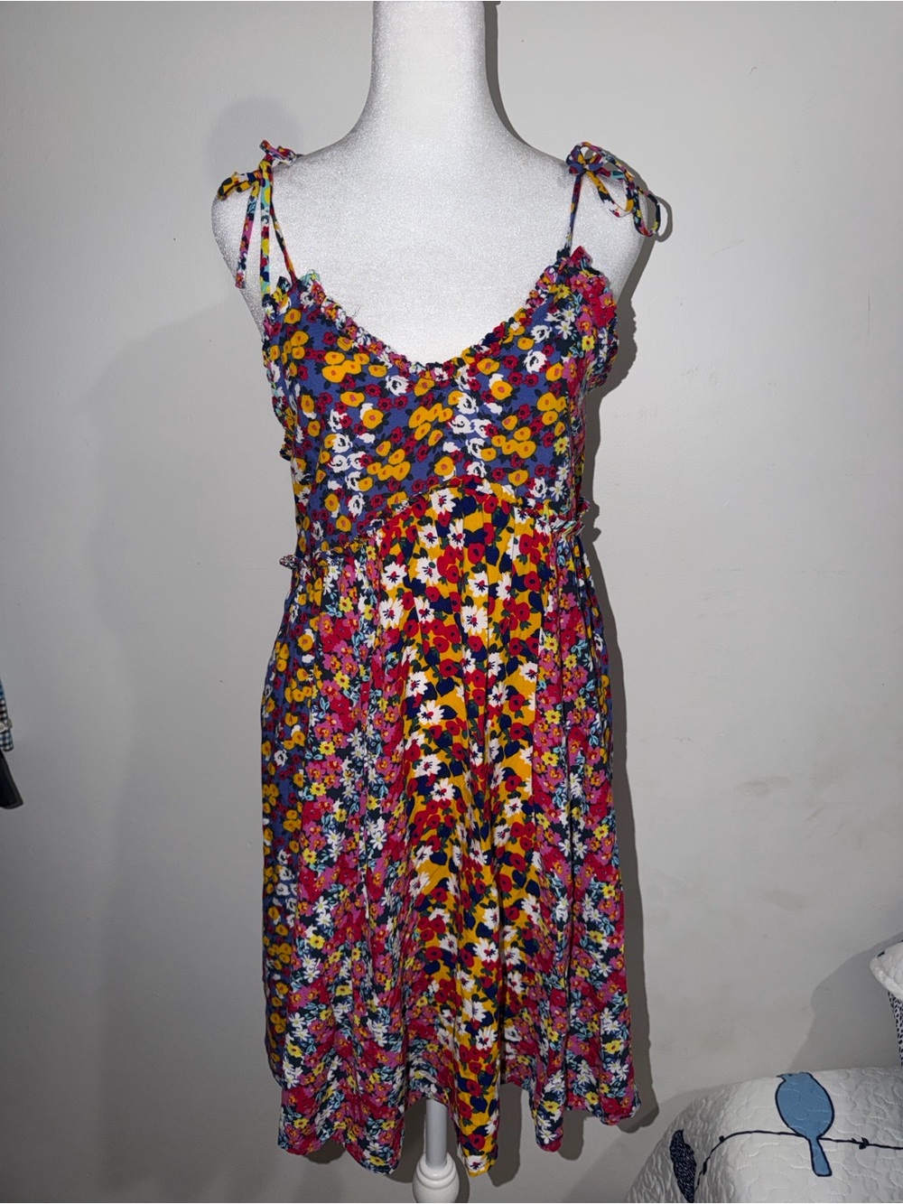 Patrons of Peace Floral Tie-Shoulder Mini Dress - Yellow, Pink, Blue